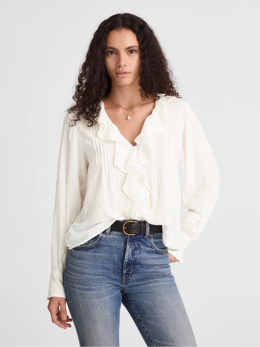 Madewell Ruffled Pintuck V-Neck Long-Sleeve Top in Ivory Size Small
